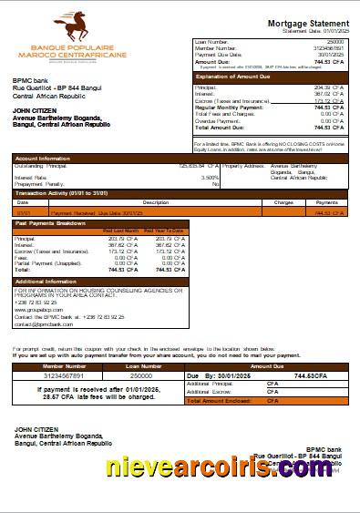 Central African Republic BPMC bank mortgage statement